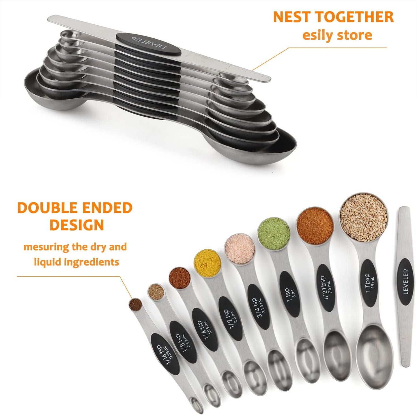 Magnetic Measuring Cups and Spoons Set of 17 Including 8 Stainless Steel Stackable Magnetic Measuring Cup 8 Magnetic Measuring Spoon with Leveler for Dry Liquid Ingredient