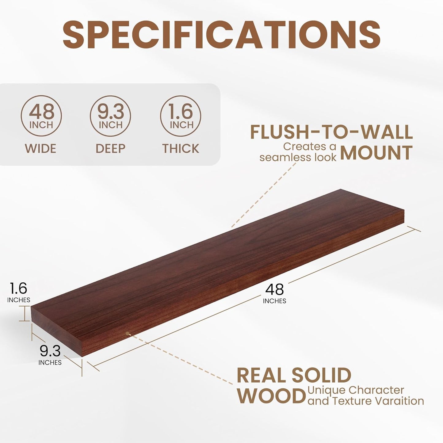 48" Solid Wood Floating Shelves, 9.3 Inch Deep Floating Shelves for Wall, Rustic Wooden Shelves for Wall Decor, Large Fireplace Mantel for Storage, Deep Floating shelf Set of 1, Red Brown