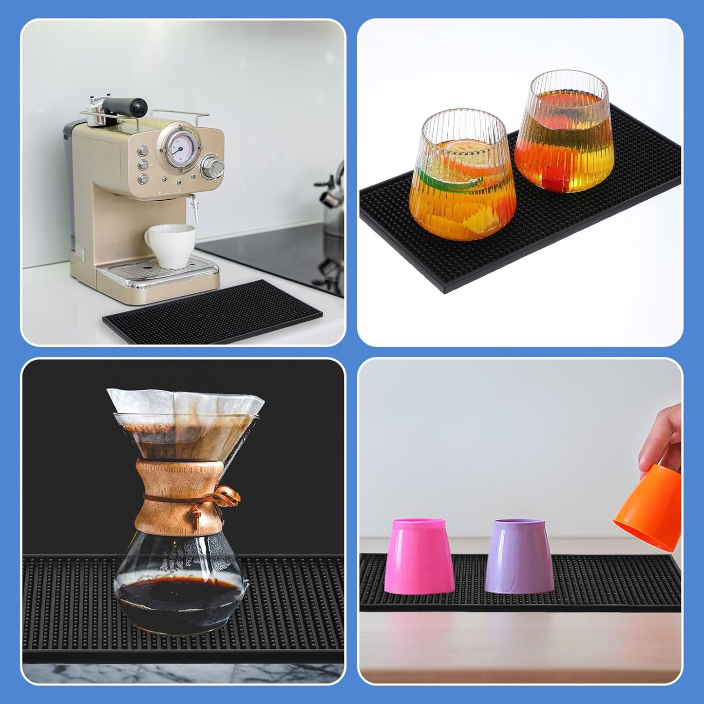 6 Pack Black Bar Mat - 6" x 12" Rubber Bar Mats for Countertop, Non-Slip Spill Mas for Bartending, Coffee, Kitchen & Home Bars, Durable PVC Bars Top Mat for Glasses & Drinks