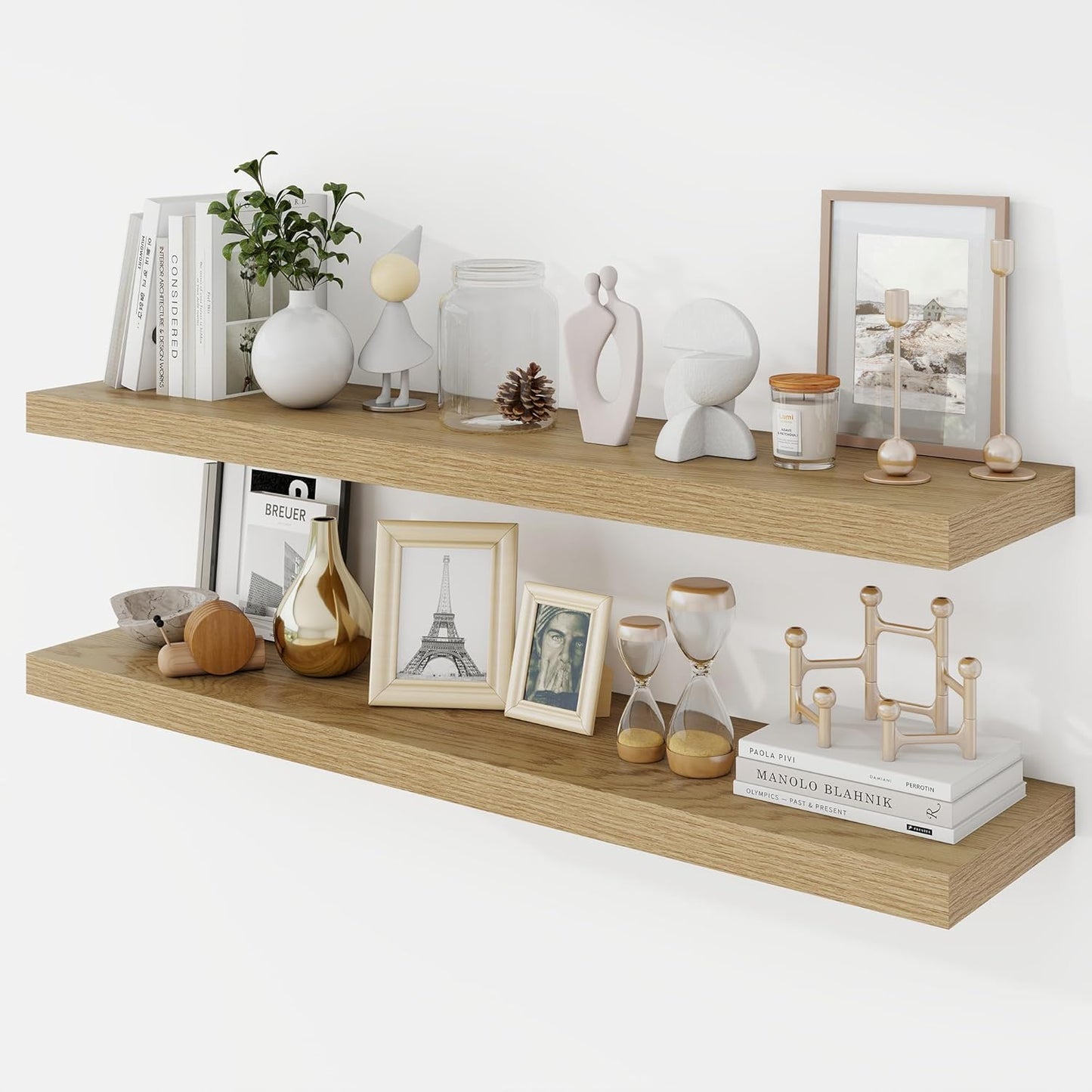 40 Inch Floating Shelves, 9.3" Deep Floating Shelf Wall Mounted, 40" Wall Shelves, Rustic Deep Bookshelf, Large Display Shelves & Storage Shelves for Bedroom, Living Room, Oak, Set of 2