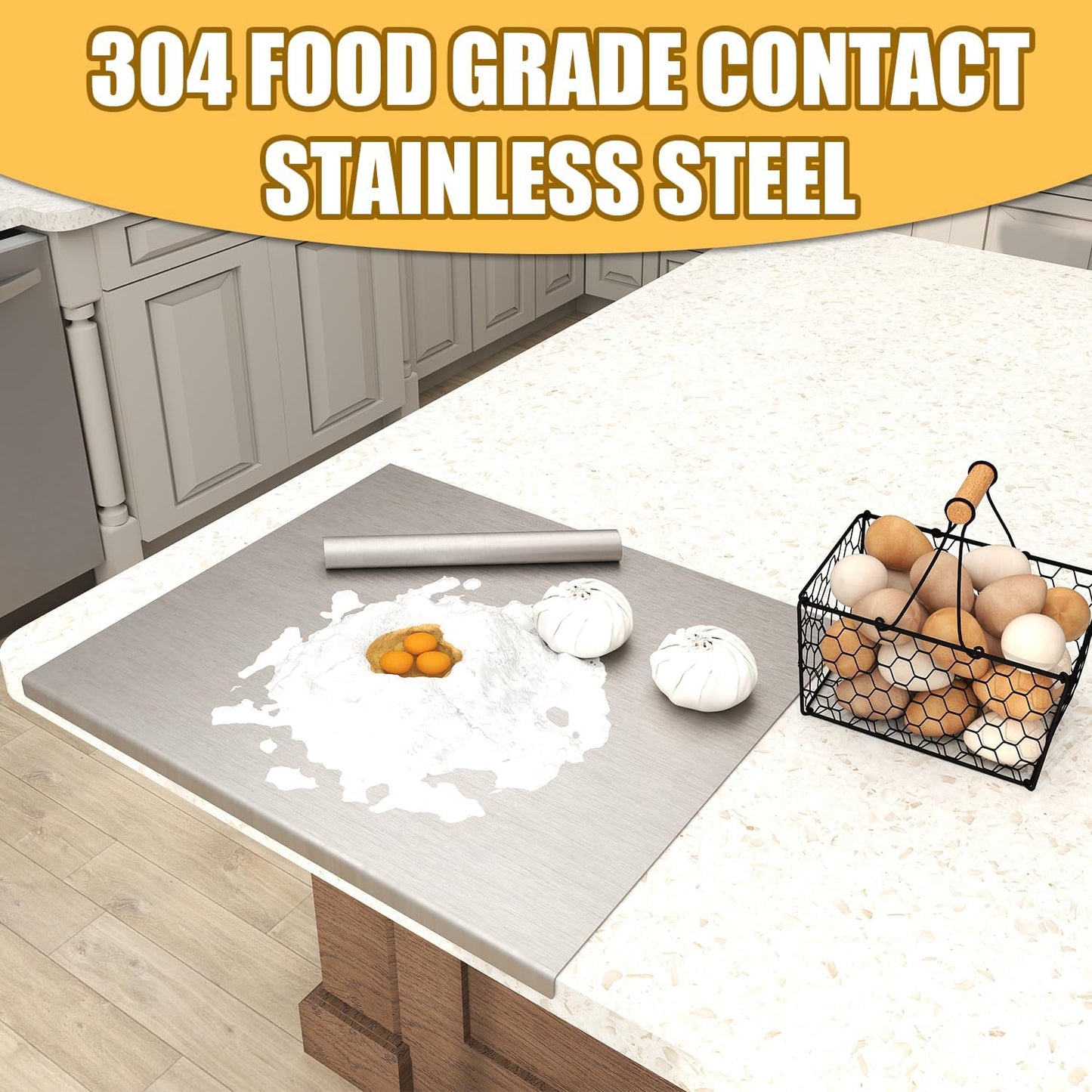 Nisorpa 304 Stainless Steel Cutting Board with Lip, Large Chopping Board for Kitchen with Rolling Pin, Cutting Boards for Chopping Meat, Vegetables, Fruits, Cheese, Bread, 35.4"Lx19.7"W