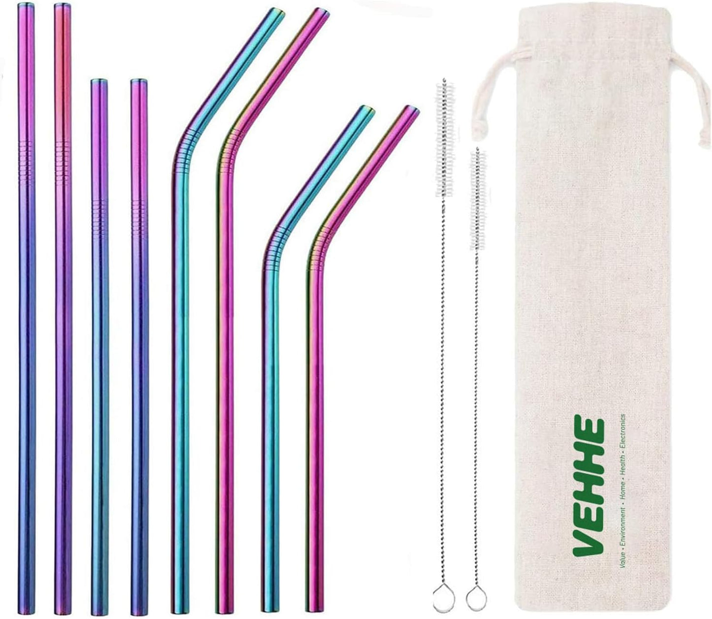 VEHHE Reusable Straws 8 Set Multi Color Stainless Steel Straws - Cleaning Brush for 20 Oz (Rainbow 8.5 inch + 10.5 inch)