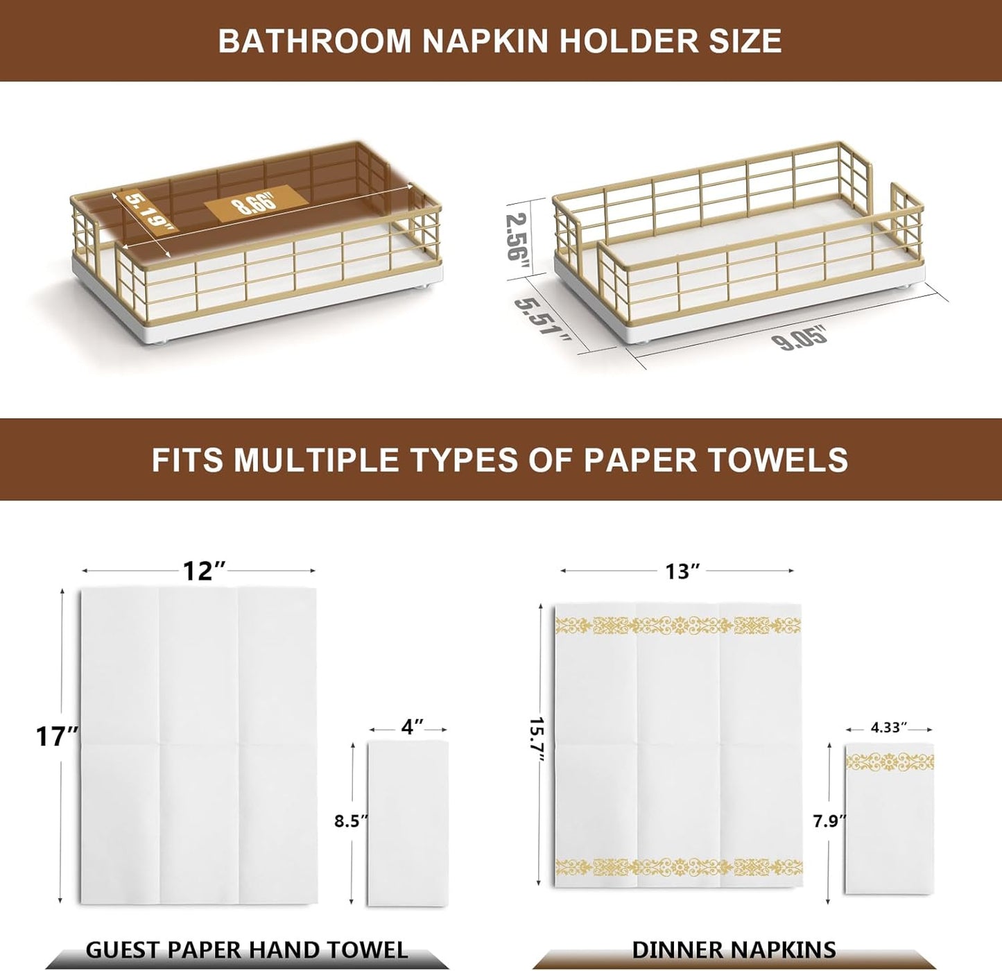 Wican Guest Towel Holder Tray for Bathroom, Oak and Iron Napkins Holder for Powder Room Dinning Table Wooden Basket for Disposable Paper Hand Towels Gold and White