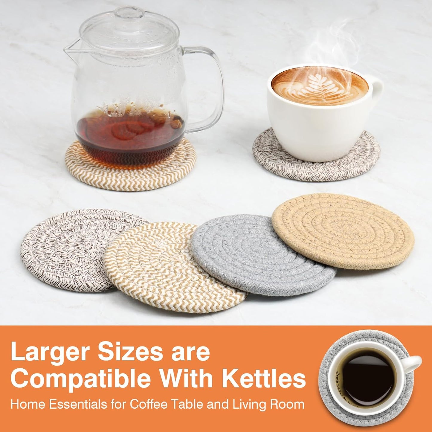 4.8" Drink Cotton Coasters Set of 2 – Boho Woven Drink Pads for Coffee & Tea, Neutral Sandstone Blend Fabric Cup Mats for Desk, Table, Nightstand, Dorm, Giftable Absorbent Coaster Set