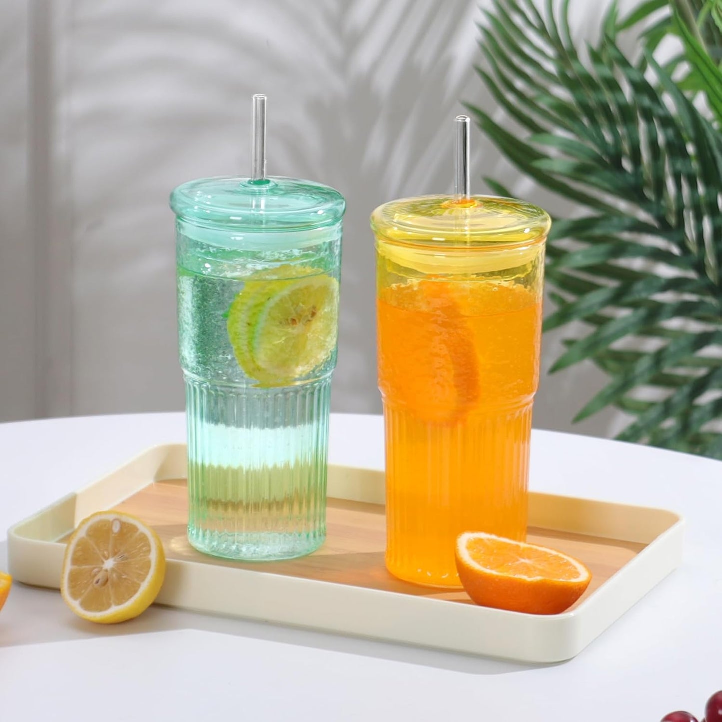 20 OZ Glass Cup with Lids and Glass Straws, High Borosilicate Iced Coffee Glass Tumblers with Lid and Straw for Drinks, 2pcs Reusable Wide Mouth Smoothie Cup(Cyan)