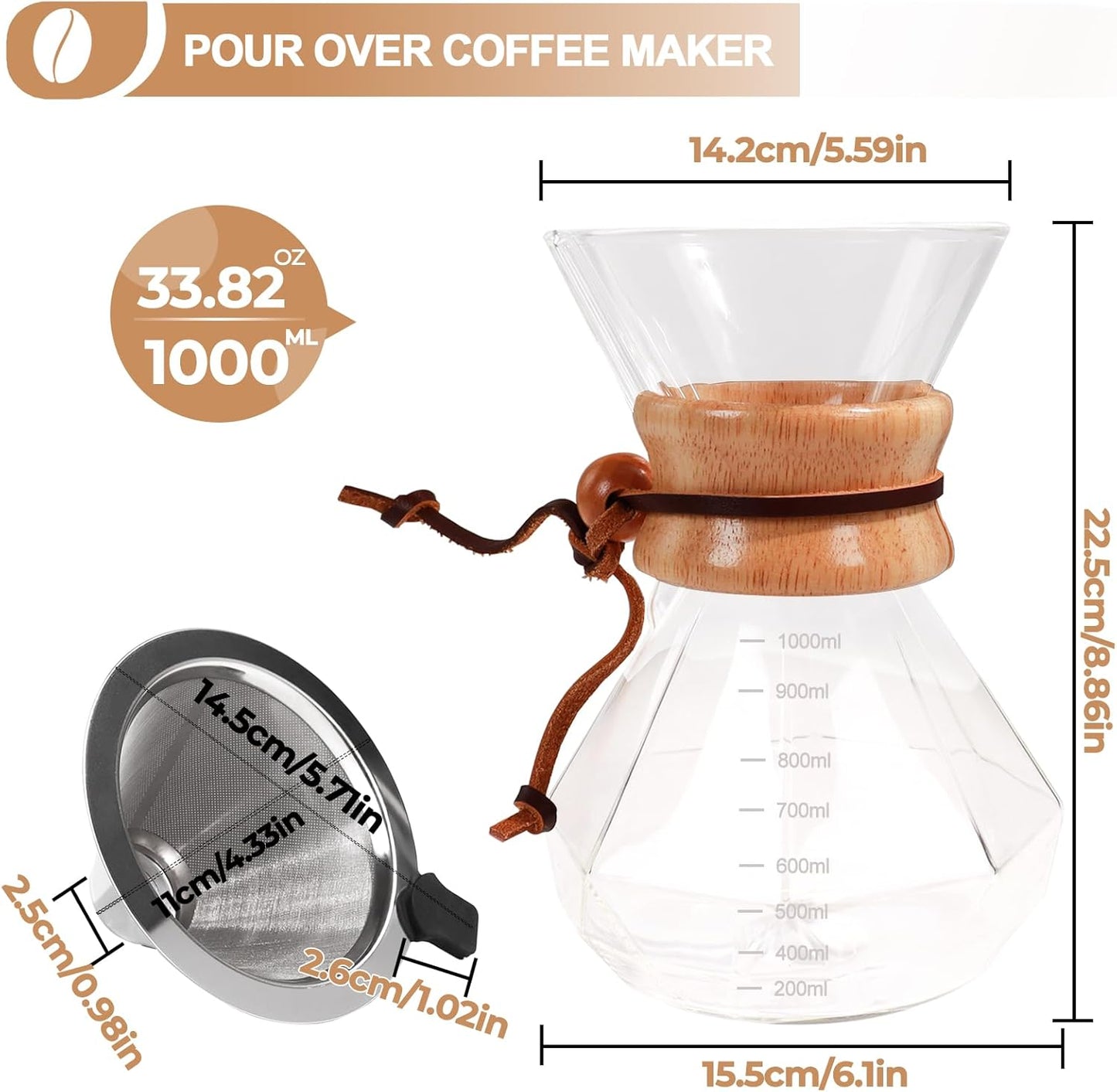 Pour Over Coffee Maker 1000ml with 304 Stainless Steel Filter and Wooden Collar Holder Borosilicate Glass Drip Coffeemaker Server Set Clear Hand Brew Dripper Carafe for Home Camping Travel 33.8oz