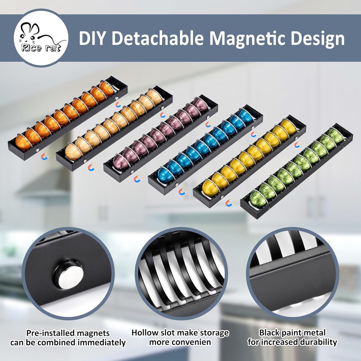 Coffee Pod Holder Drawer Organizer Insert for Counter,Nespresso Pod Holder DIY Magnetic Connect Black Metal(6 Packs)