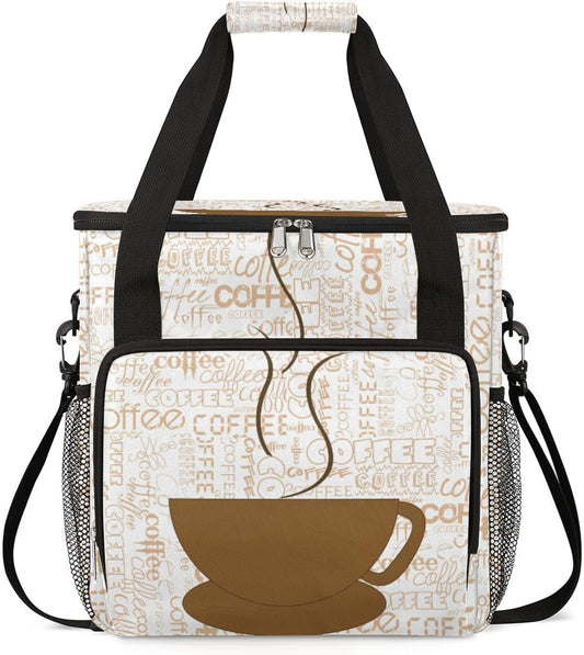 Coffee Cup Coffee Maker Carring Bag Coffee Texts Travel Carrying Storage Tote Bag Compatible with Keurig K-Mini or K-Mini Plus Portable Single Serve Coffee Brewer Case with Pockets for K-cup Pods