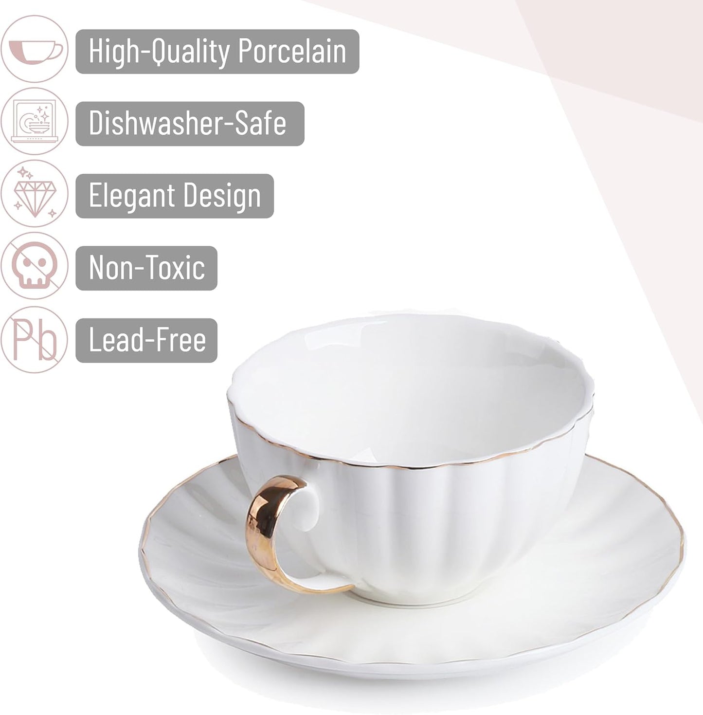 BTaT- White Tea Cups and Saucers Set of 12 (7 oz), Porcelain White Tea Cup Set of 12 with Golden Trim Design, Dishwasher Safe
