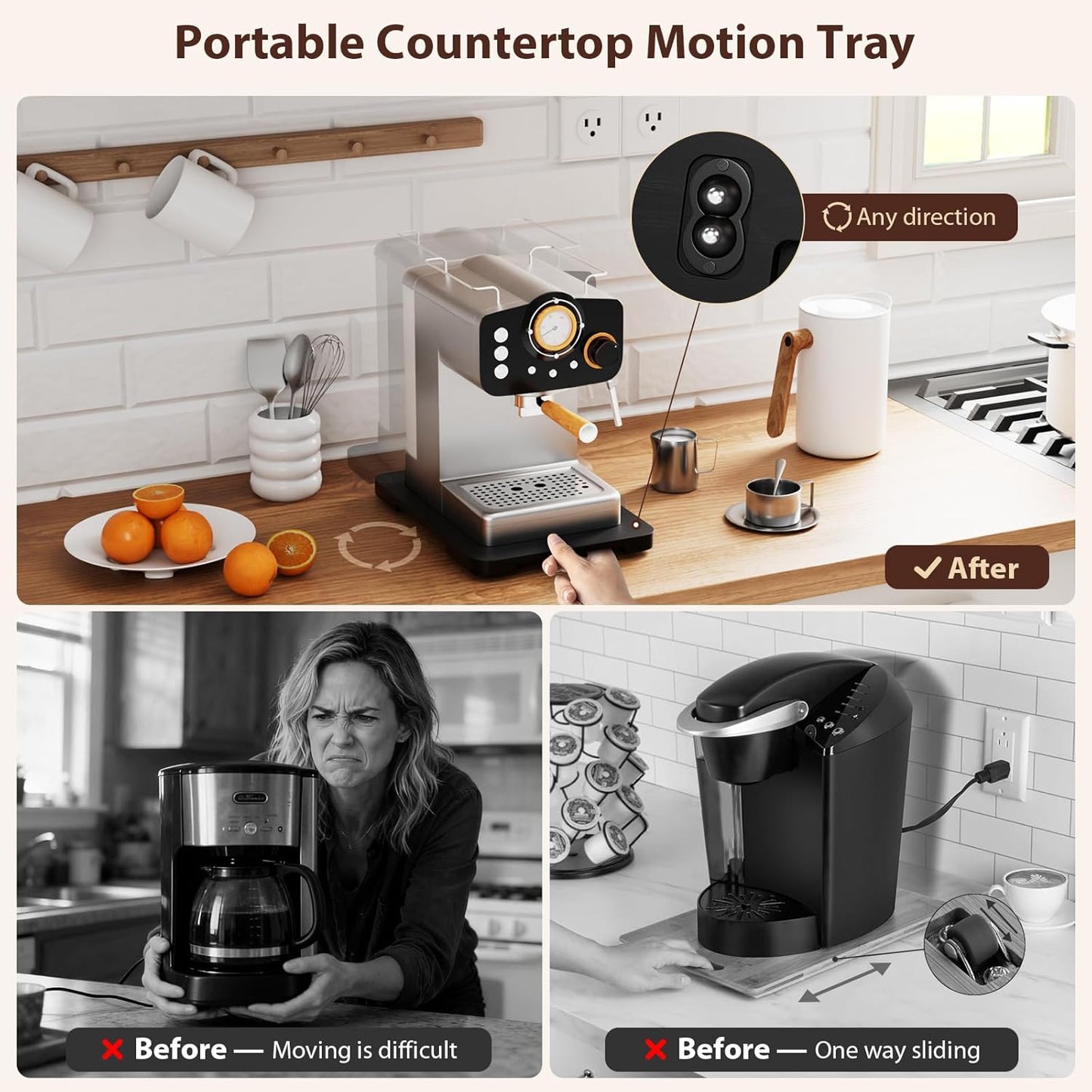 GuanQiao 360° Rotation Appliance Slider for Coffee Maker & Heavy Kitchen Appliance, Bamboo Rolling Tray for kitchen Counter, Sliding Tray with Premium Wheels (Black, 13.9"× 9.4")