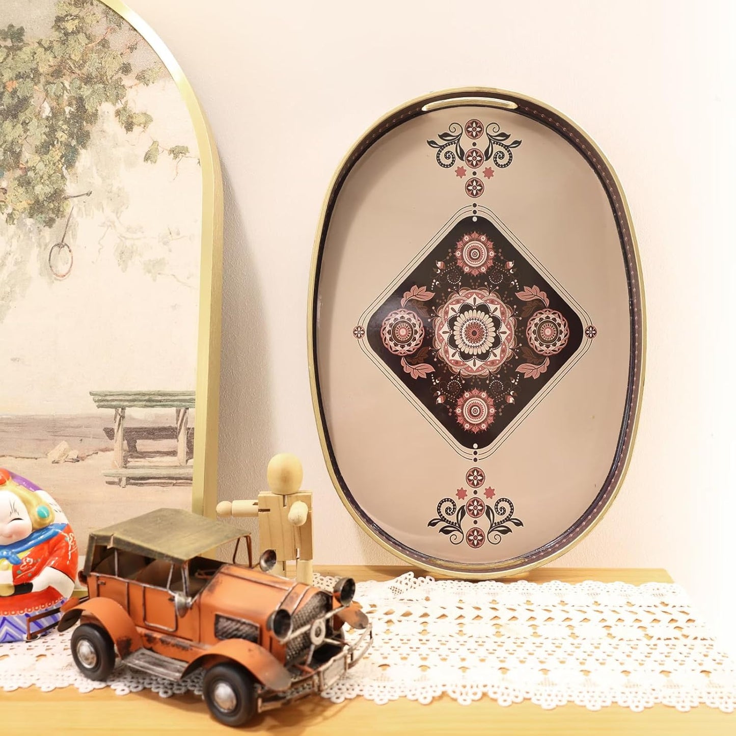 Oval Plastic Serving Tray with Handles, Elegant Decorative Tray for Coffee Table, Ottoman, Living Room, Kitchen, Outdoor Use. 10"*16"*1.4" C