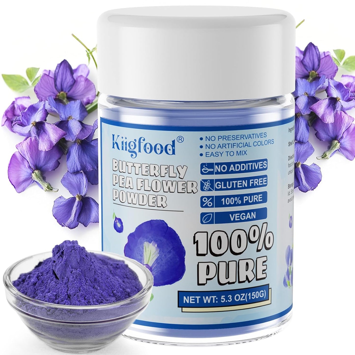 Butterfly Pea Flower Powder - Kiigfood 5.3 oz/150g Pure Natural Blue & Purple Food Coloring, Butterfly Pea Powder for Drinks, Smoothies, Cocktail, Baking, Pasta - Vegan, Gluten-Free, Non-GMO