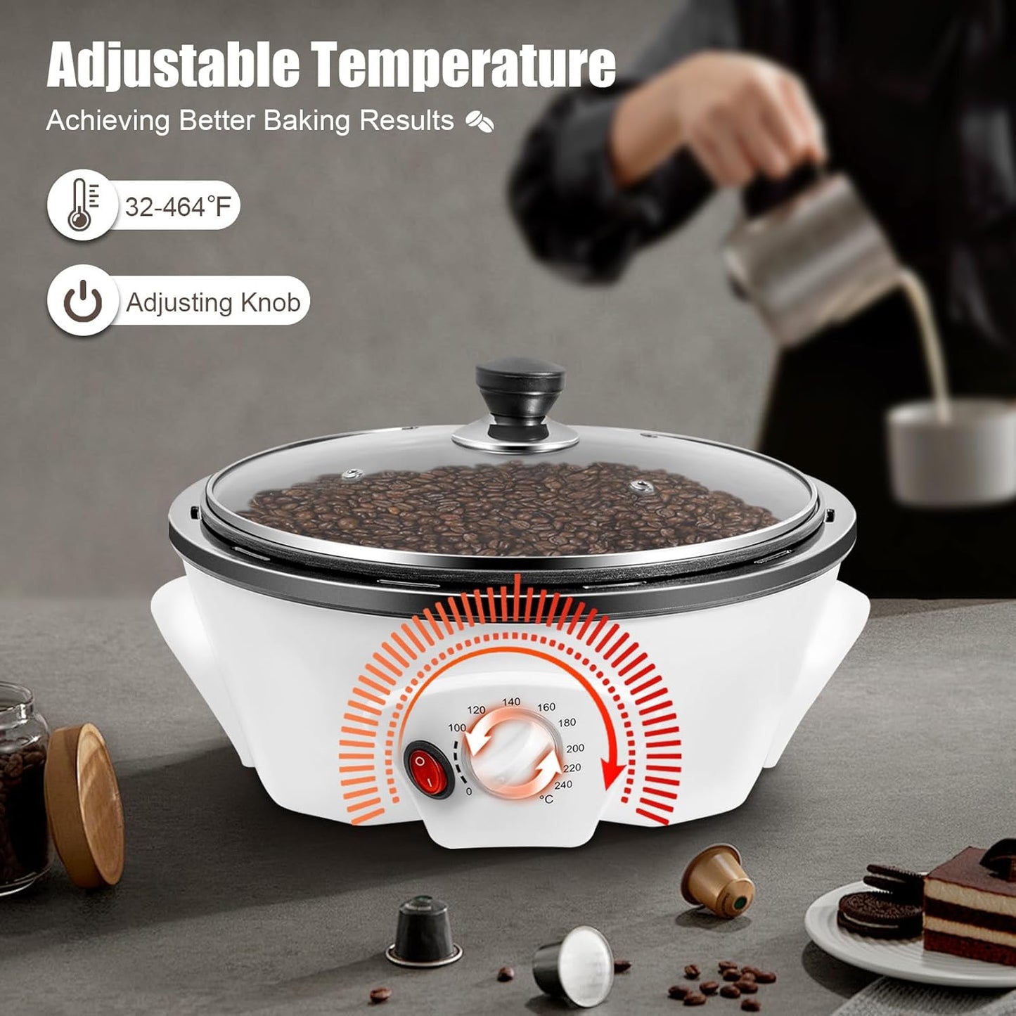 500g Coffee Roaster 800W Electric Coffee Bean Roaster with Non-stick Pan, 32℉-464℉ Temperature Adjustable Auto-matic Nuts Coffee Bean Roaster for Homes, Cafes, Hotels 110V