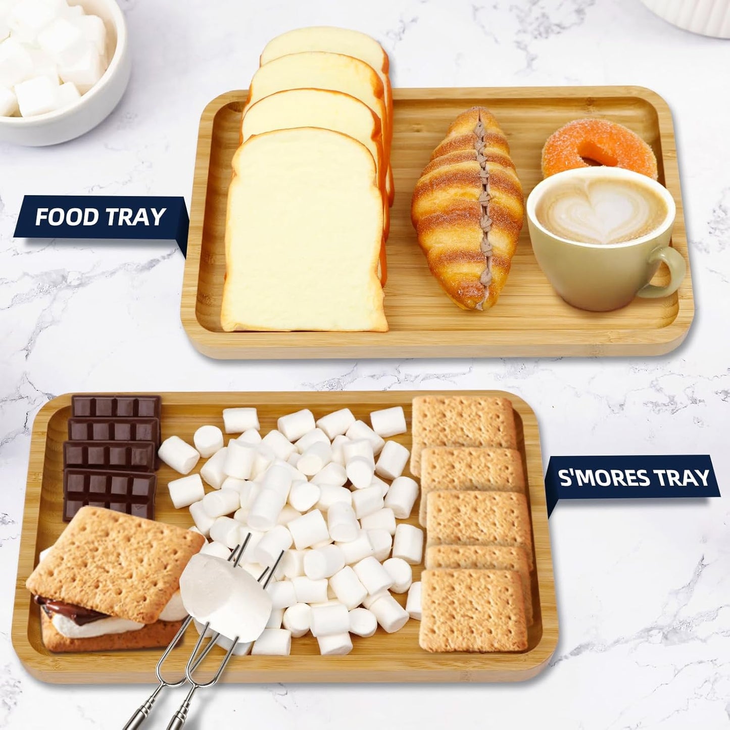 Bamboo Serving Tray 2 Pack – Trays for Serving Food in Bed Couch Kitchen or Patio – Rectangular Wooden Platters for Meals Snacks or Decor – TV Trays Set for Dinner or Party or Tabletop Fire Pit