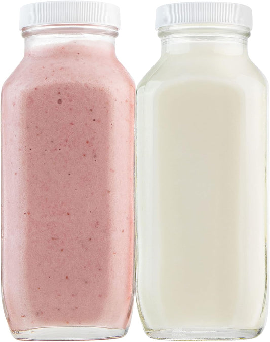 16oz Square Glass Milk Bottles with Plastic Airtight Lids -Vintage Reusable Dairy Drinking Jars Containers for Milk, Yogurt, Smoothies, Juice, Kefir, & Water -2 Pack 16 oz Glass Bottles with Lids
