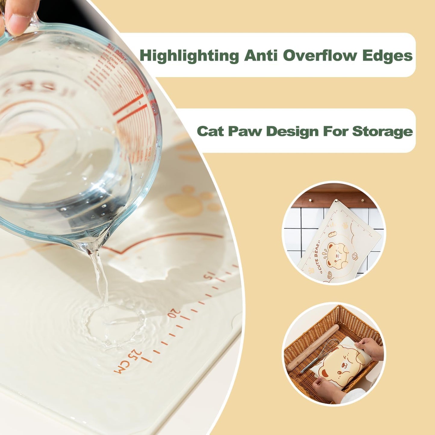 QELEG Non-Stick Silicone Baking Mat, 28'' X 20" Non Slip Pastry Mats Reusable Silicone Rolling Out Dough Mat with Measuremen and Edge Heightening Beige