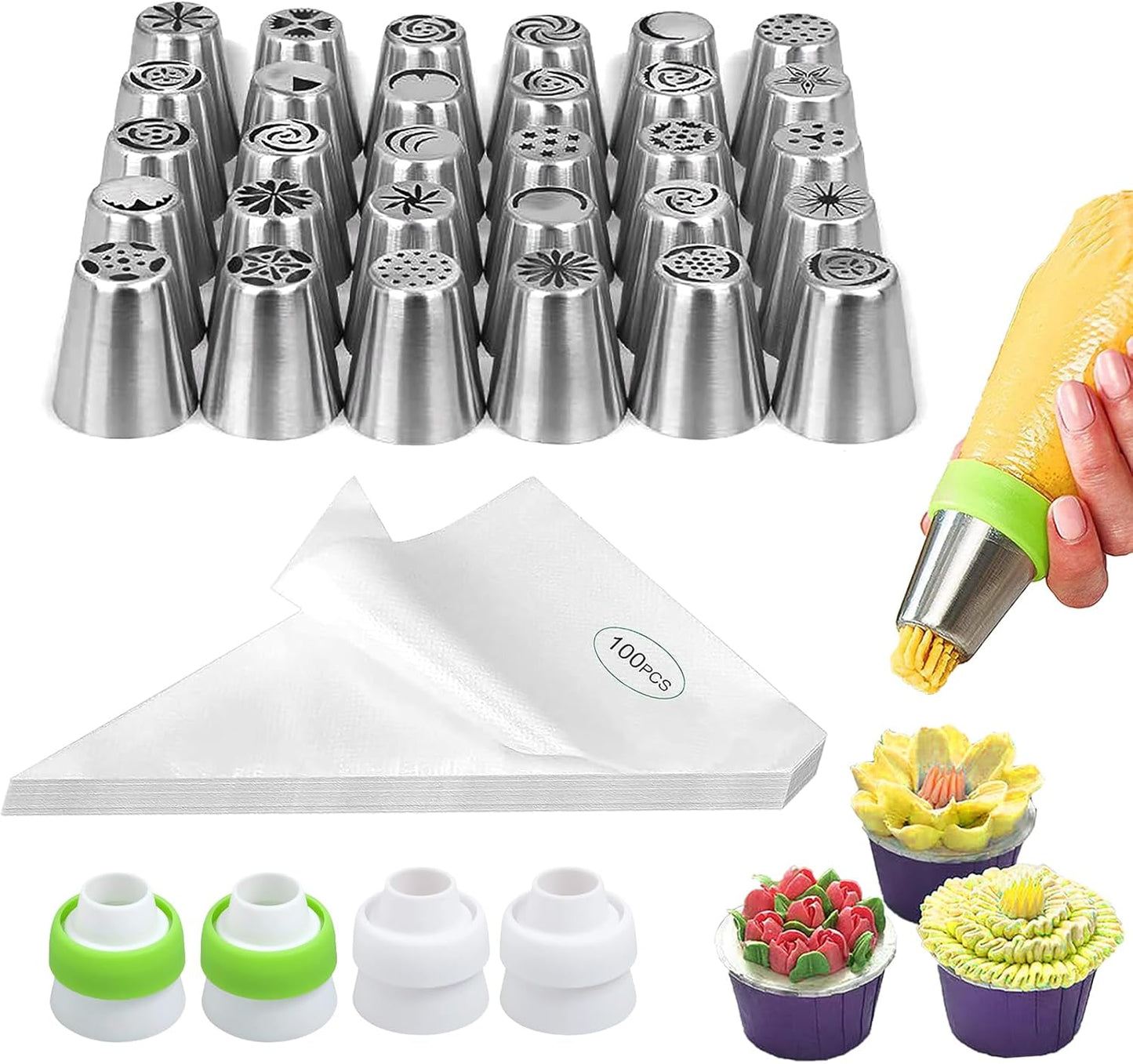 Suuker Russian Piping Tips, 134 Pieces Piping Bags and Tips Set, Frosting Piping Kit with 30 Large Piping Tips, 100 Icing Bags and Tips Set, Cake Decorating Kit