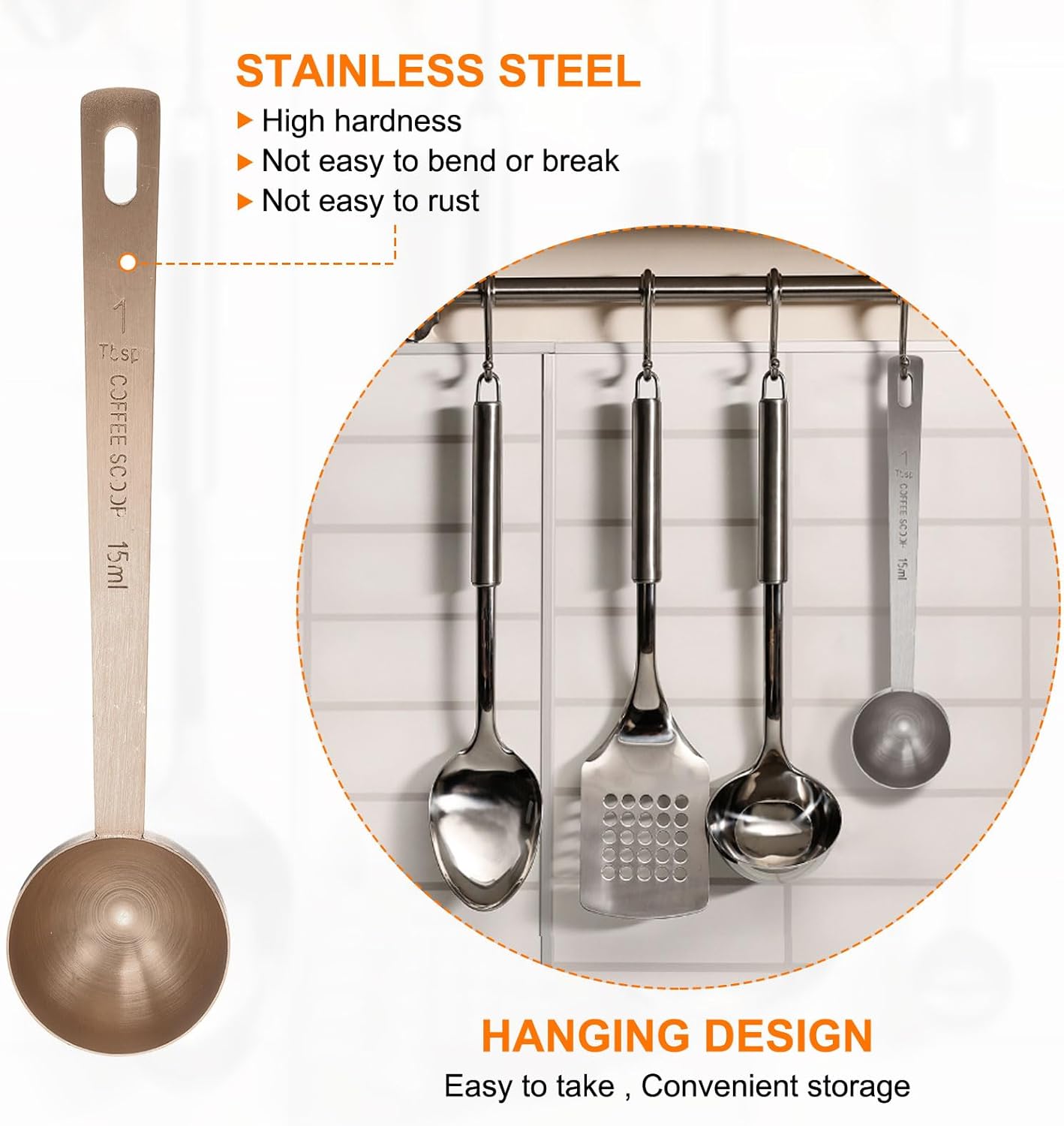 HARFINGTON Coffee Scoop Spoon 1tbsp (3tsp, 15ml) 304 Stainless Steel Long Handle Teaspoon/Tablespoon Measuring Spoons Scoops for Tea Sugar Kitchen, Rose Gold