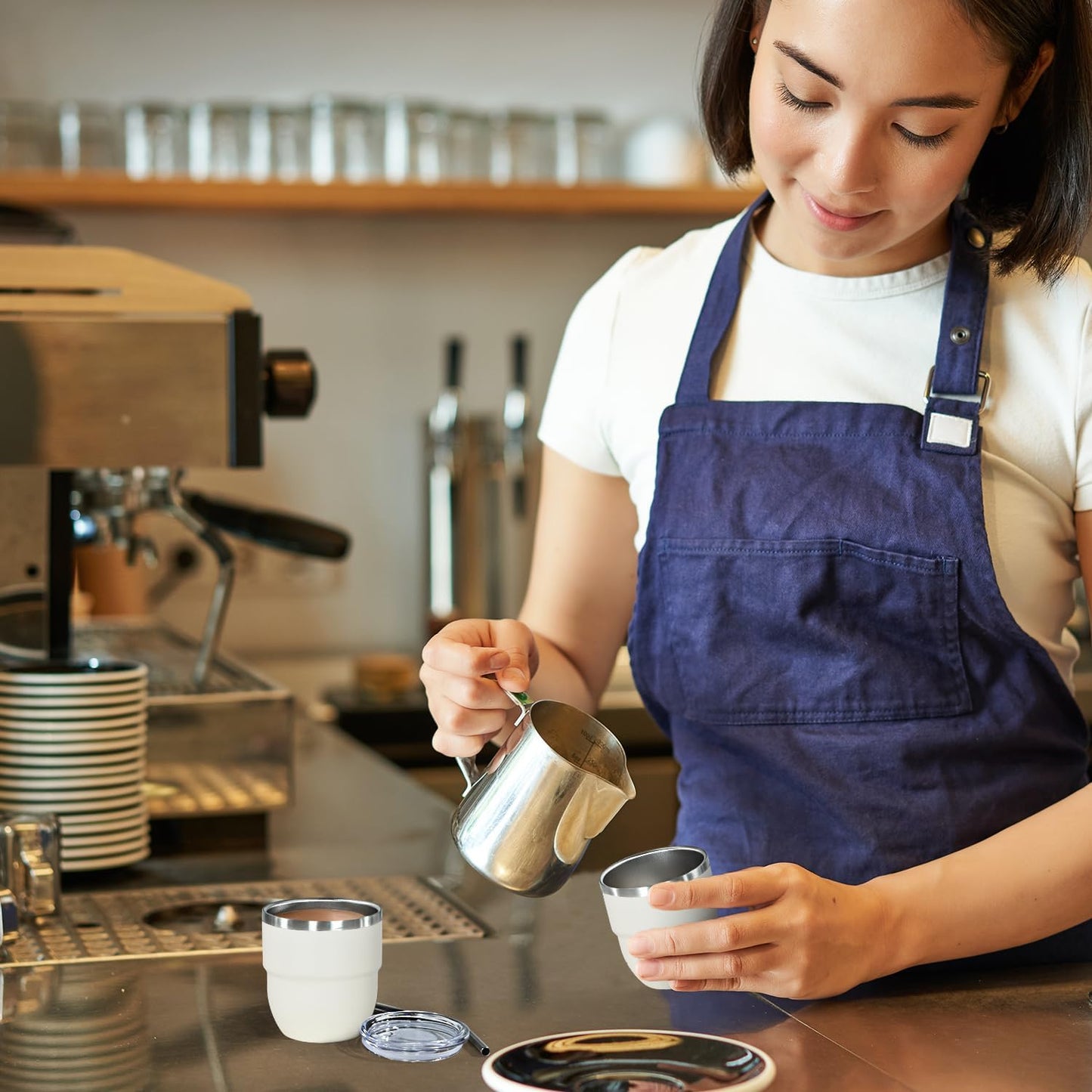 4oz Stackable Cup, Vacuum Insulated Espresso Cup Set of 2, Espresso Shot Glass for Coffee, Double Wall Stainless Steel Mini Tumbler Shot Glasses with Straw and Lid (A-white2P, 4oz)