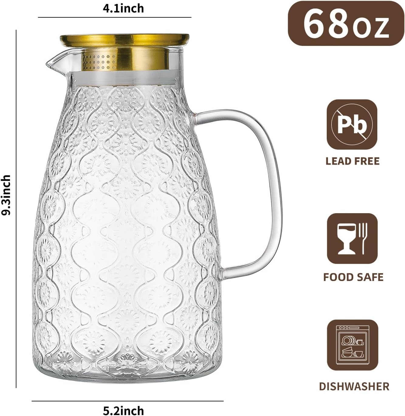 Glass Pitcher with Lid and Handle, 2 PACK 68 oz/2 Liter Vintage Flower Design Fridge Water Pitcher, Borosilicate Glass Water Carafe for Hot/Cold Water,Coffee,Iced Sun Tea,Heat Resistant