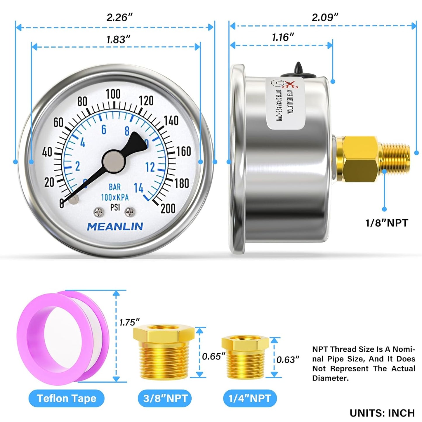 MEANLIN MEASURE 0~200Psi Dry Pressure Gauge Stainless Steel 1/8" NPT 2" FACE DIAL Waterproof for Air Compressor Air Regulator Water Filter Center Back Mount, with 1/4" NPT and 3/8" NPT Hex Bushing