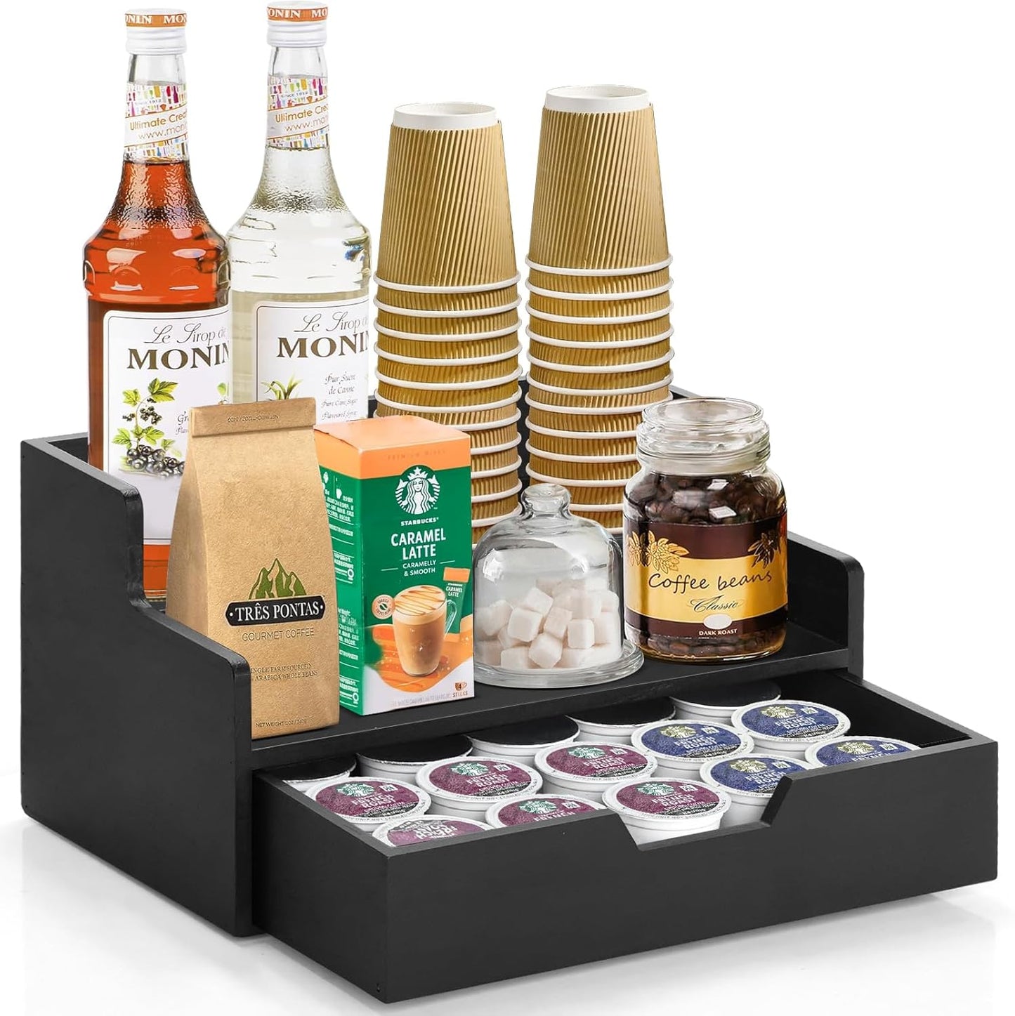 Coffee Pod Holder with Drawer, 3-Tier Wood K Cup Organizer for Countertop, Coffee Bar Organizer Storage Box, Coffee Station Organizer for Kitchen Coffee Station Decor