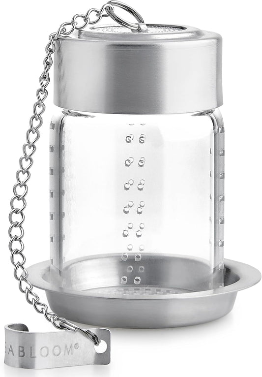 Teabloom Puresteep Glass Tea Infuser with Lid & Drip Tray – Borosilicate Glass Loose Leaf Steeper with Stainless Steel Chain – Non-Toxic – Small or Large Size
