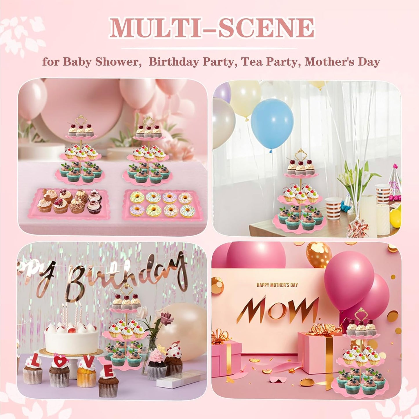 5 Pcs Dessert Table Display Set, Pink Plastic 2 Pcs Round 3 Tier Cupcake Stand Cup Cake Tower Stand with Metal Rod & 3 Pcs Serving Tray for Baby Shower, Tea Party, Wedding, Birthday Party