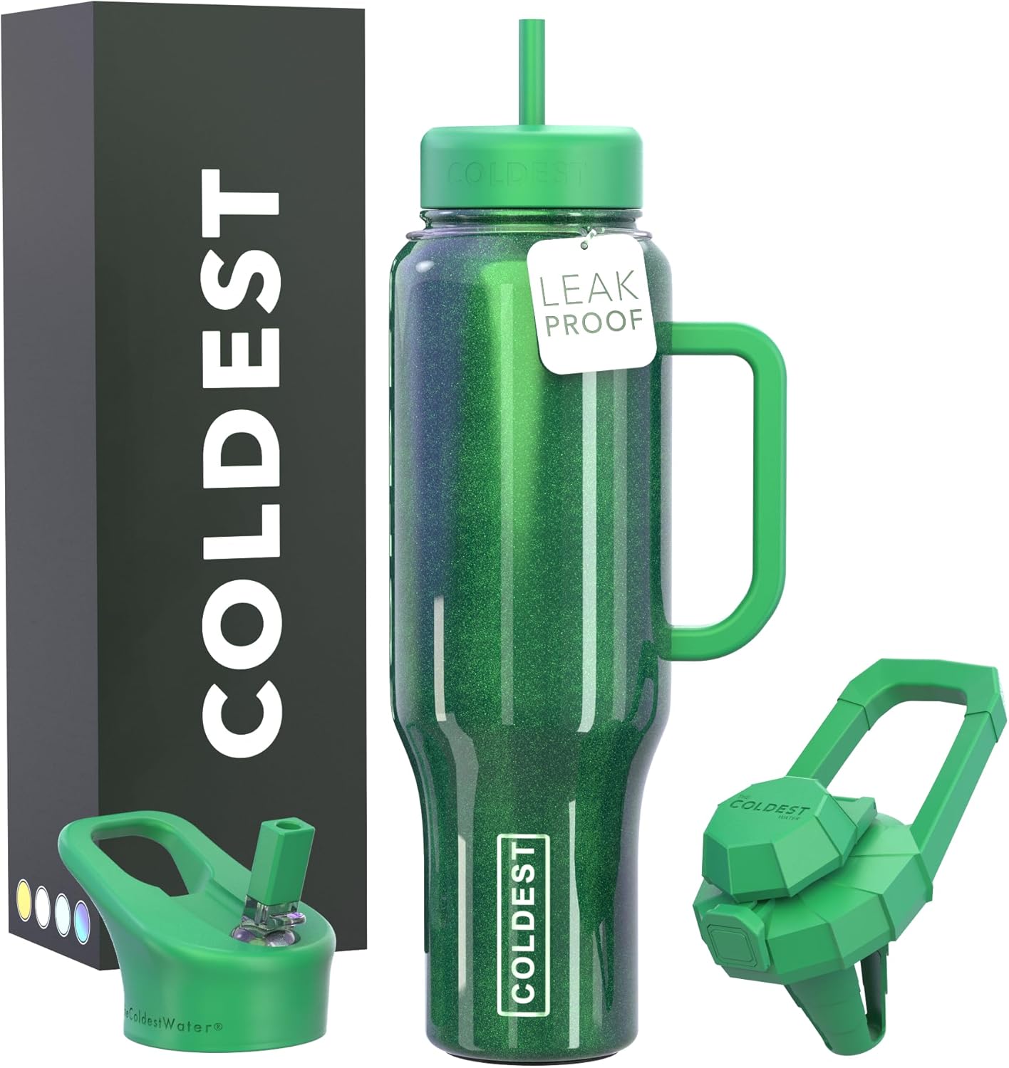 Coldest 40 oz Tumbler with Handle and Straw, 100% Leak Proof Insulated Tumbler with Lid and Straw (3 Lids), Stainless Steel Tumblers for Women & Men, Cup Holder Friendly, 46 oz (Enchanted Green)