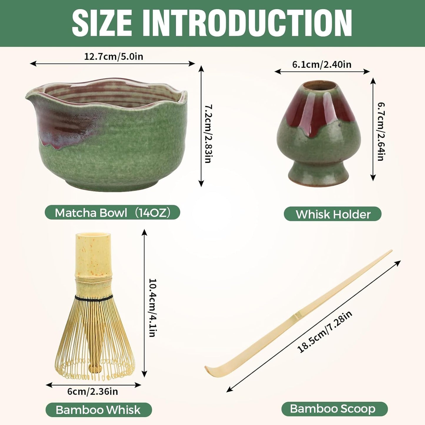 Pottery Matcha Set - Japanese Handcrafted Matcha Tea Bowl Mineral Glaze Bowl with Spout, Bamboo Whisk, Scoop & Chasen Holder | 4pc Tea Ceremony Kit for Matcha Lovers (Forest Glow)