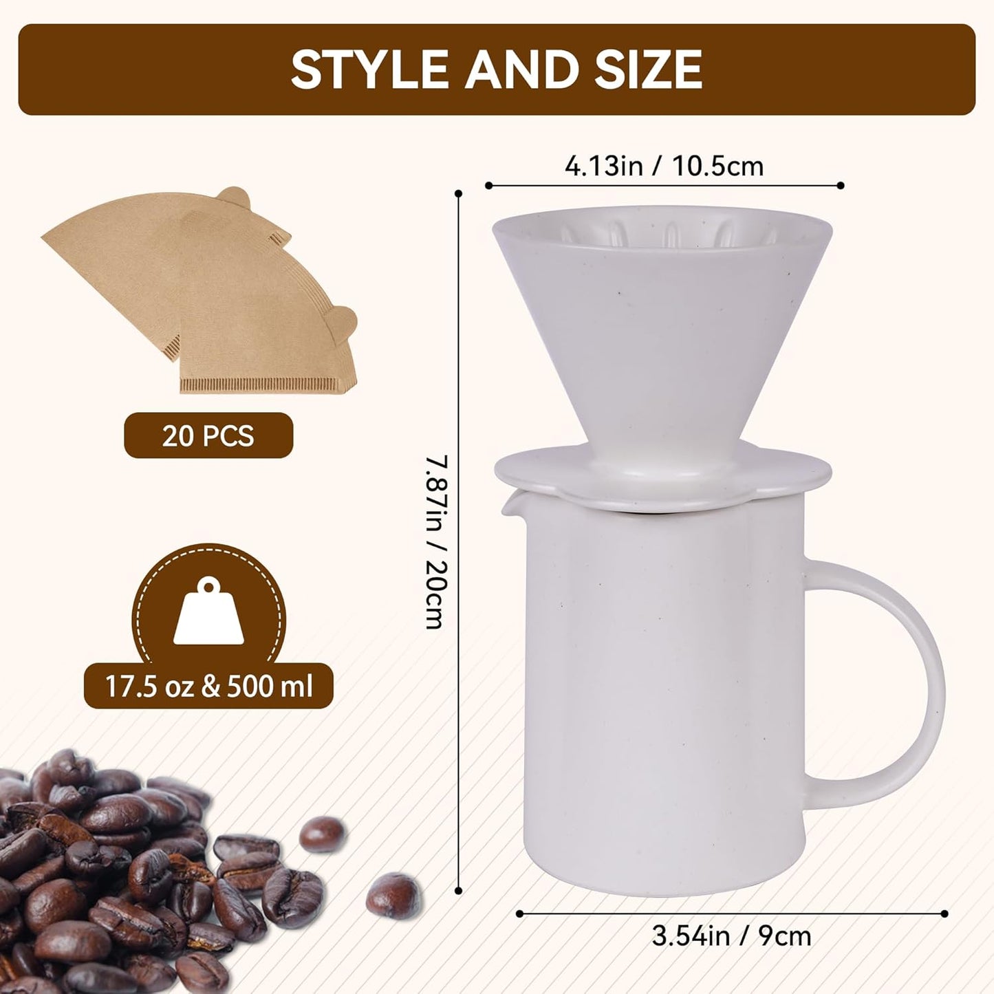 AZYM Pour Over Coffee Maker Set,V60 Coffee Dripper with 20 Count Paper Coffee Filters,Four-Leaf Clover-Shaped Drip Coffee Maker,Vintage Ceramic Carafe,for Home Brewing,Camping,17.5 oz (White)