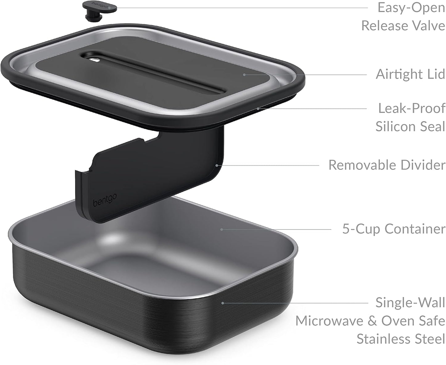 Bentgo MicroSteel Leak-Proof Lunch Box - Microwave-Safe, Oven-Safe, Bento-Style Container with Removable Divider, Airtight Lid, Sustainable Design, Odor & Stain Resistant (Carbon Black)