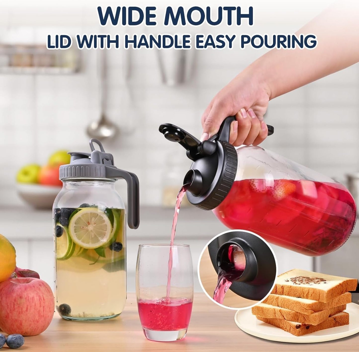 64oz Glass Pitcher with Lid, Wide Mouth Mason Jar Water Jug, Leak-Proof Airtight Mason Jar for Cold Brew Coffee, Iced Tea, Milk, Food Storage, Sun Tea Jug (Black)