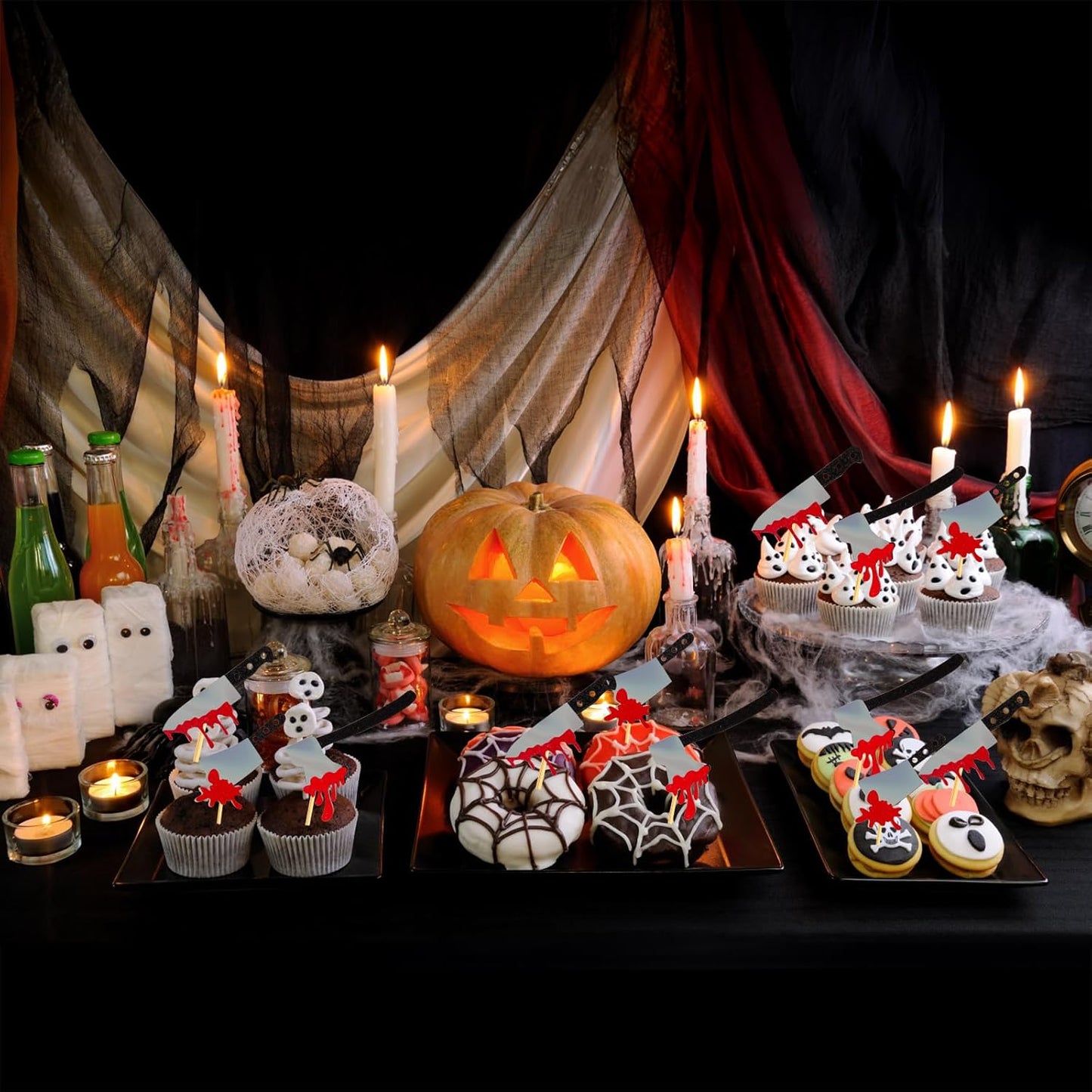 60Pcs Halloween Cupcake Toppers,Glitter Horror Blood Knife Cupcake Picks Have a Killer Birthday Party Supplies