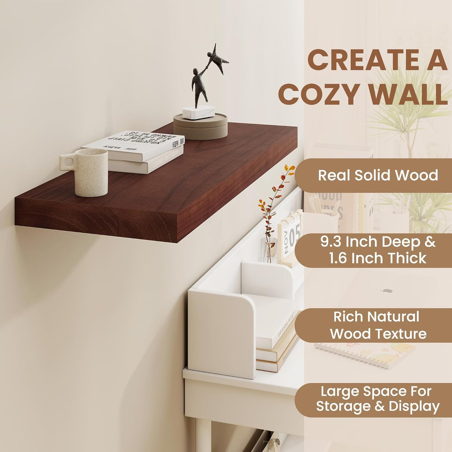 48" Solid Wood Floating Shelves, 9.3 Inch Deep Floating Shelves for Wall, Rustic Wooden Shelves for Wall Decor, Large Fireplace Mantel for Storage, Deep Floating shelf Set of 1, Red Brown