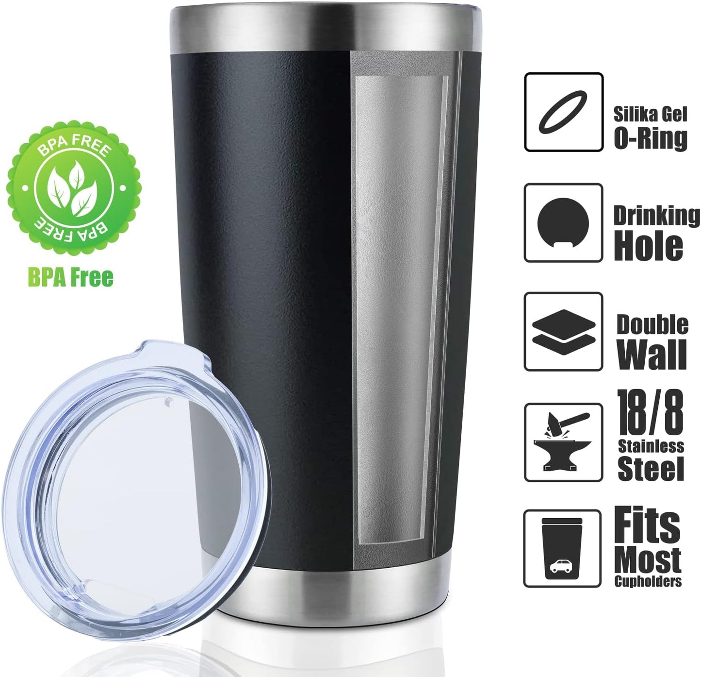 DOMICARE 20oz Stainless Steel Tumbler Bulk with Lid, Double Wall Vacuum Insulated Travel Mug, Powder Coated Coffee Cup, Powder Black, 8 Pack