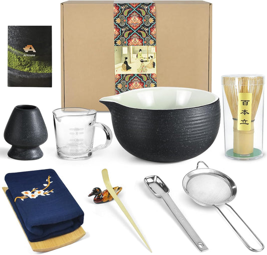 Artcome Bluestone Glaze Matcha Kit for Japanese Tea Ceremony, Bowl with Pouring Spout, Whisk, Tea Scoop, Matcha Powder Strainer, Matcha Tea Set For Making Usucha, Koicha and Matcha Latte (10 PCS)