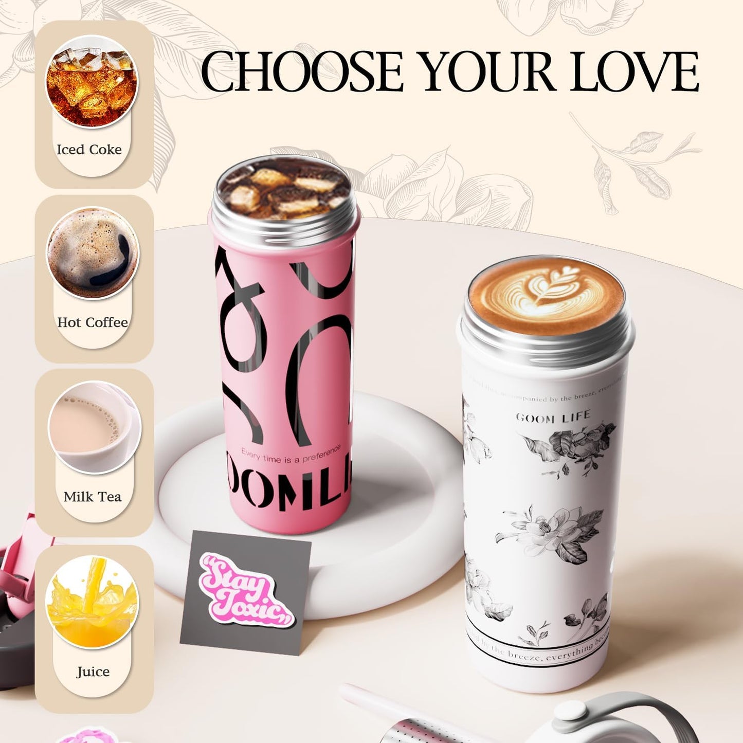 GOOM 20 oz Spill Proof Tumbler with Lid and Straw, Top Handle, Extended Tea Infuser, 18/10 Stainless Steel, Insulated Hot & Cold Brew Gifts for Mom Women Her, Teacher Gifts - Floral White