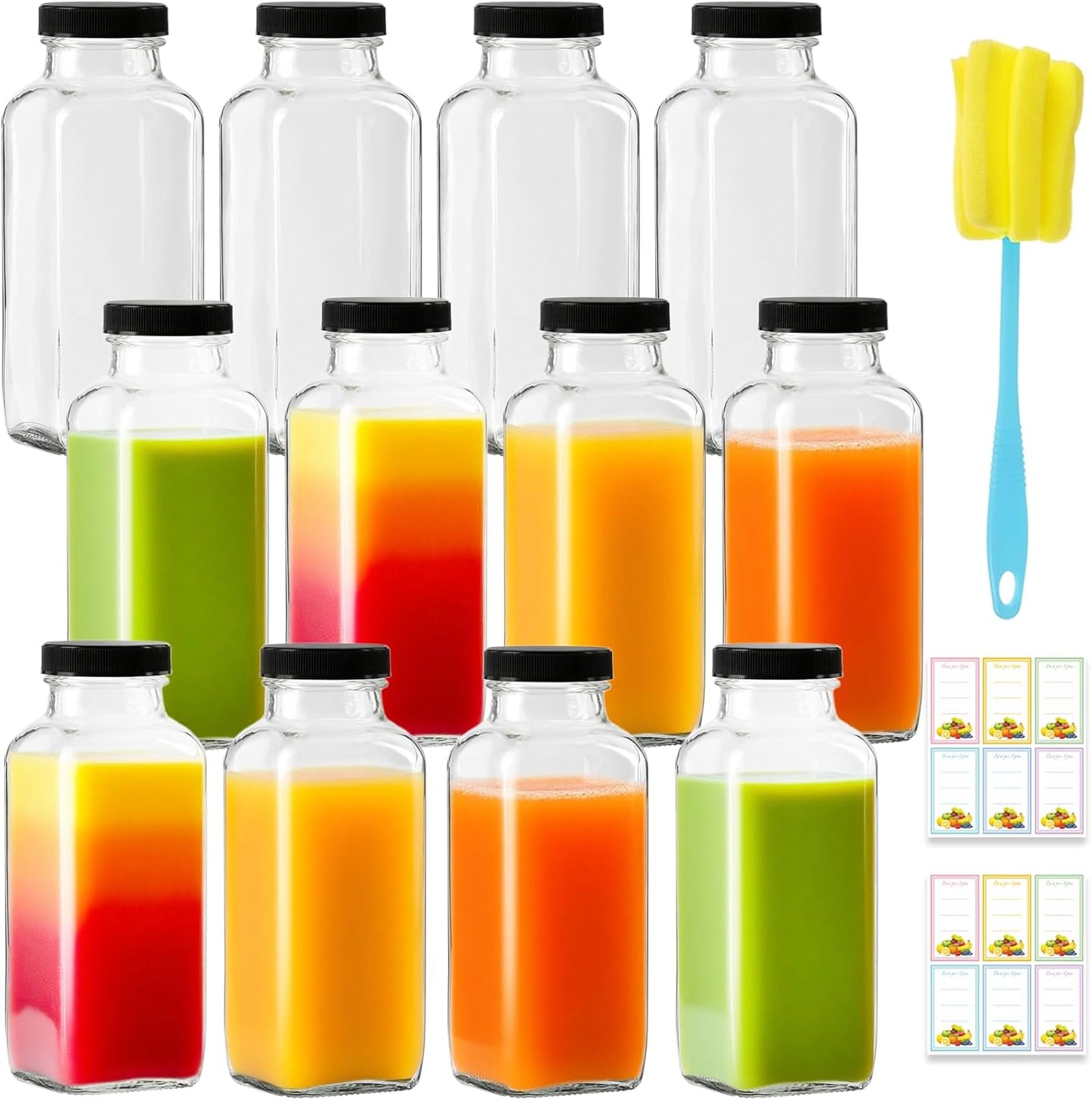 12 Pack 12oz Glass Drink Bottles with Lids, 360ml Vintage Glass Water Bottles with Caps, Reusable Juice Containers Drinking Jars for Juicing, Milk, Ginger, Kombucha, Beverages