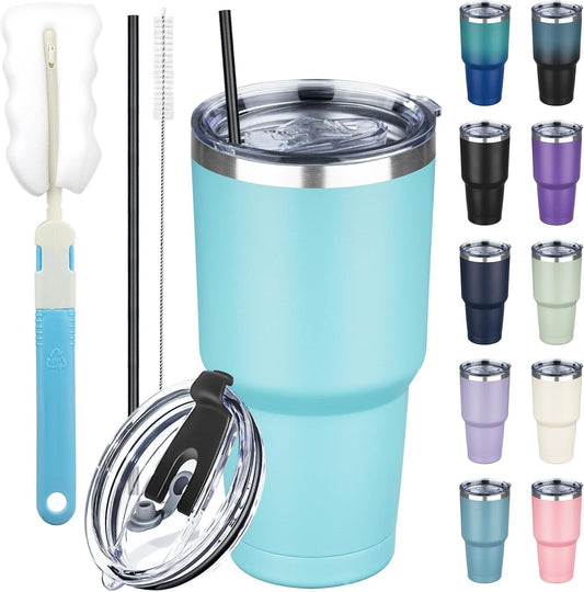 30 oz Tumbler with Lids and Straws, Stainless Steel Insulated Coffee Tumbler, Double Wall Vacuum Insulated Travel Mug Cup, Leakproof Thermal Coffee Cup for Hot and Cold Drinks (dark green)