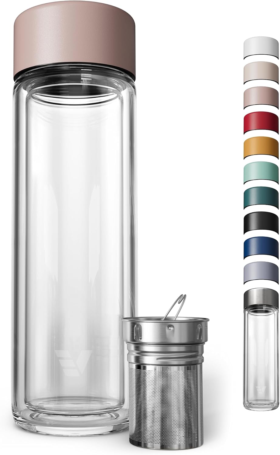 Glass Multi Tea Infuser Bottle 14oz - Double Wall Borosilicate Glass Flask | No Plastic Touches Contents | Perfect for Office or Home - Rose Pink