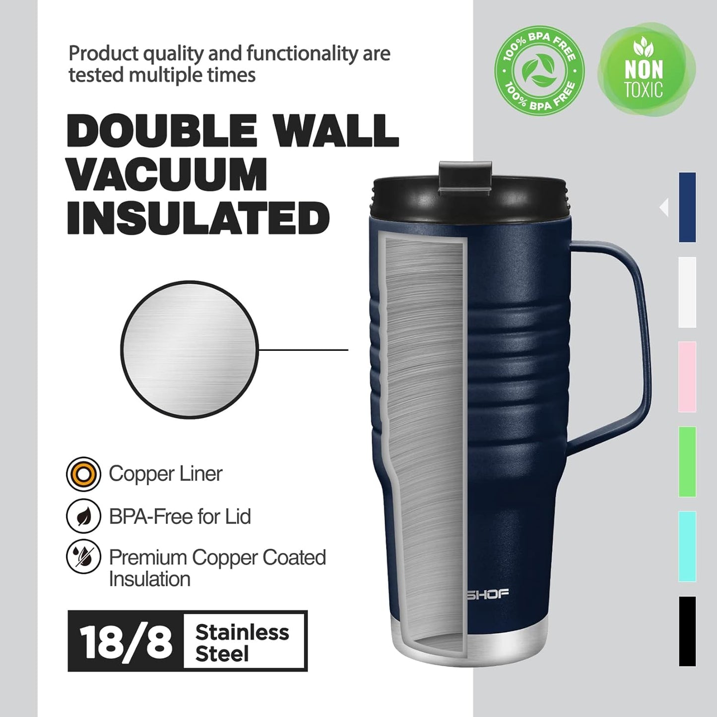 HAUSHOF 24 oz Travel Mug with Handle, Stainless Steel Vacuum Insulated Coffee Travel Mug, Double Wall with Leakproof Lid, BPA Free