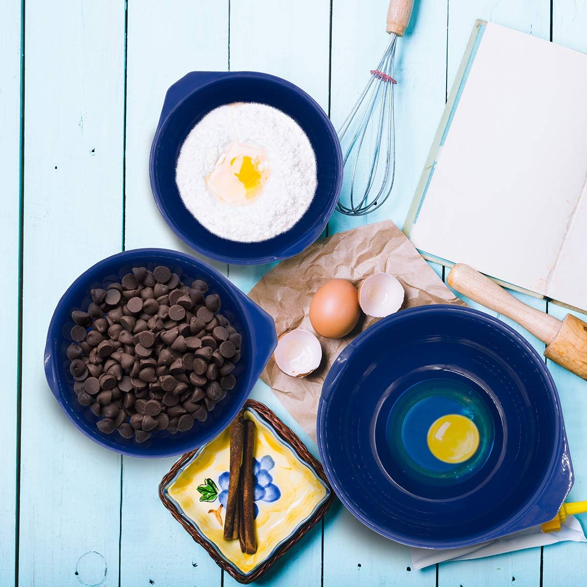 GLAD Mixing Bowls with Pour Spout, Set of 3 Nesting Design Saves Space Non-Slip, BPA Free, Dishwasher Safe Plastic Kitchen Cooking and Baking Supplies, Blue