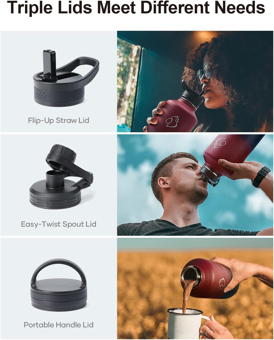 BUZIO 64 oz Water Bottle Insulated with Straw & 3 lid and Carrying Pouch, Leak Proof Half Gallon Stainless Steel Water Flask Jug, Cold for 48 Hrs Double Vacuum Thermo Canteen, BPA-Free, Ruby Red Navy