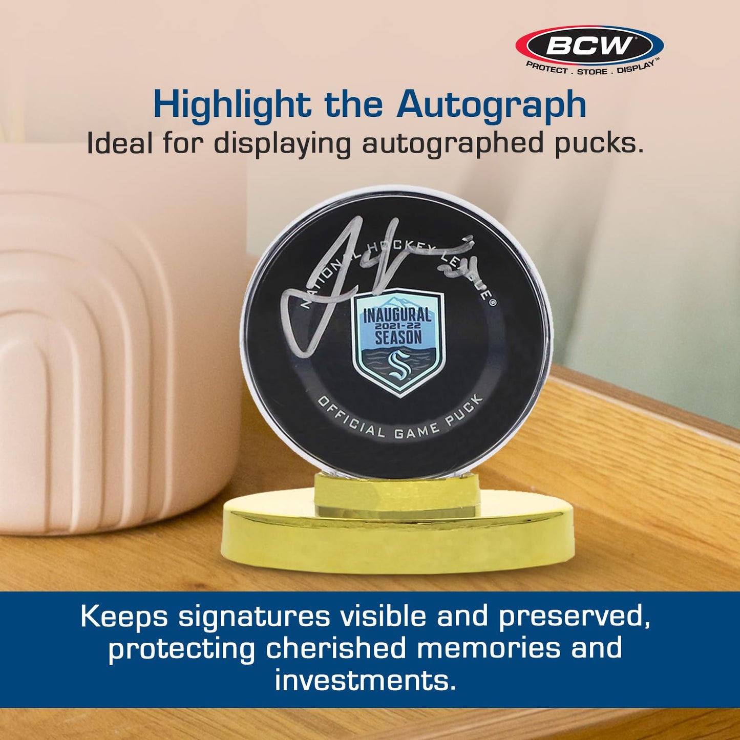 BCW Hockey Puck Display Case with Gold Base | High Impact Polystyrene