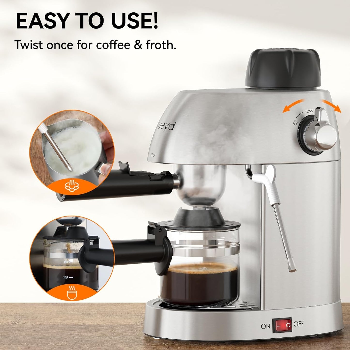 Queyd 3.5 Bar Espresso Machine,4-Cup Stainless Steel Coffee Maker with Steam Milk Frother, Compact Design Coffee Machine with Removable Drip Tray for Latte and Cappuccino, Silver