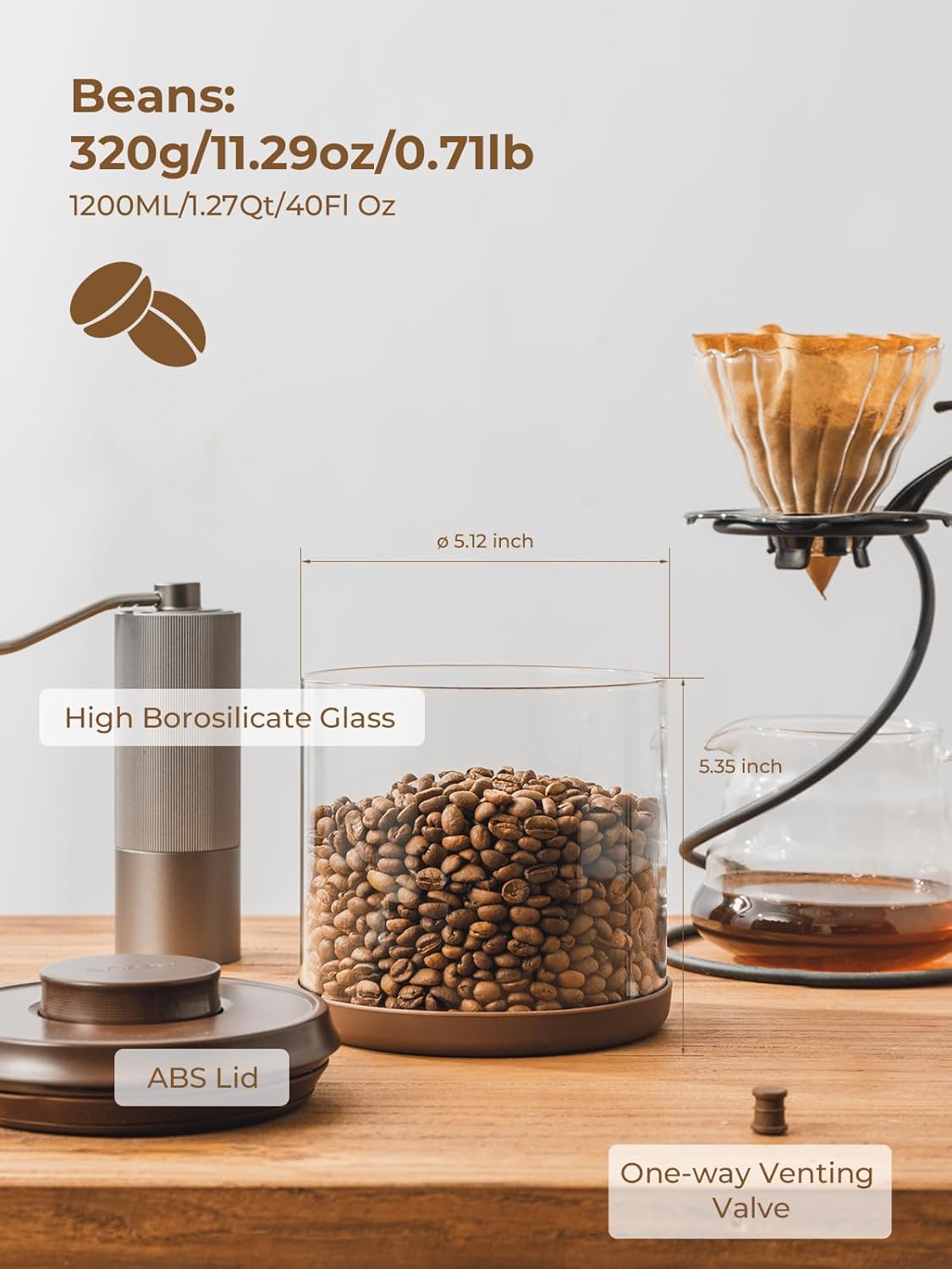 Airtight Coffee Canister, 14 Oz Borosilicate Glass Coffee Bean Storage Container with Pop Lid, CO2 Releasing Valve for Grounds Coffee, Beans, Sugar, 1200ml Brown