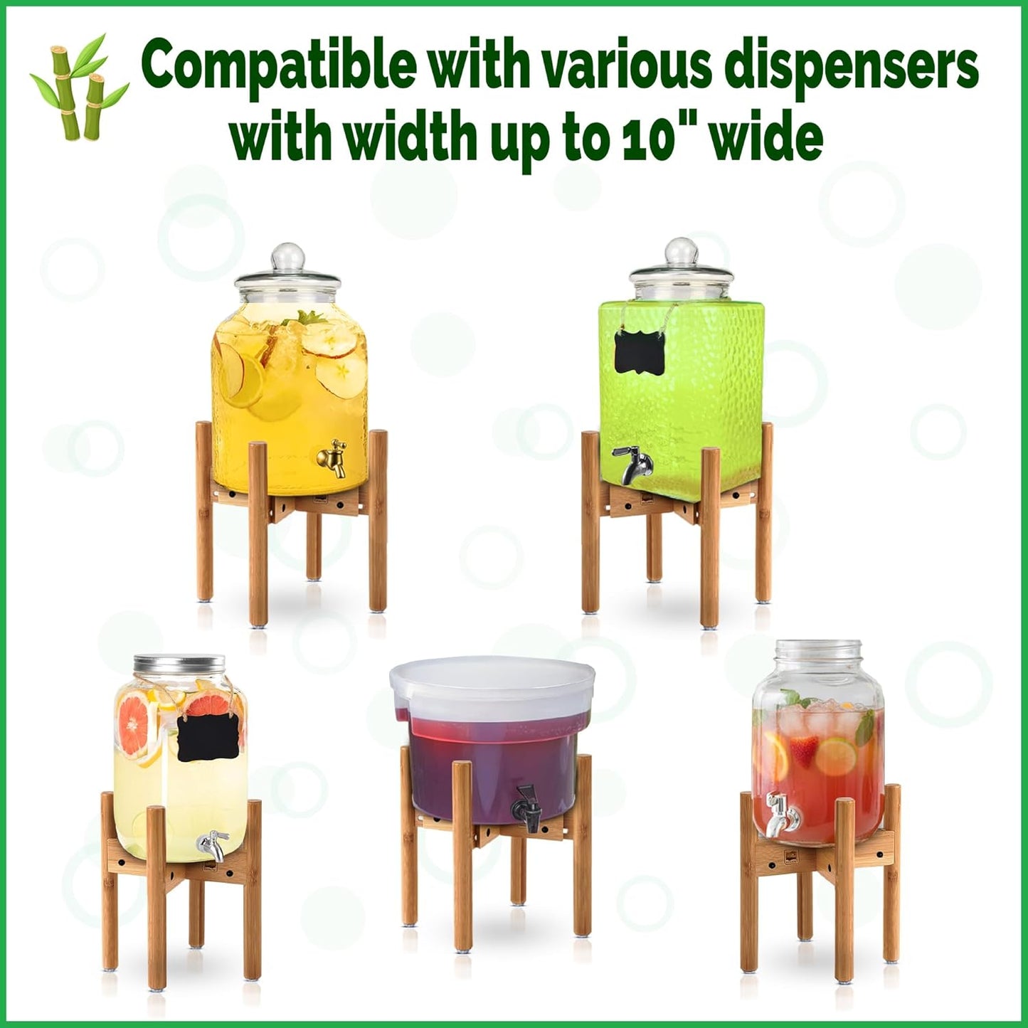 Drink Dispenser Stand - Use to Hold Dispensers for Drinks, Beverages, Lemonades and Juices - Adjustable Sideways, Fits Various Jug Sizes Up to 11.5-inch Wide [1-2 Gallons] - Bamboo Wood