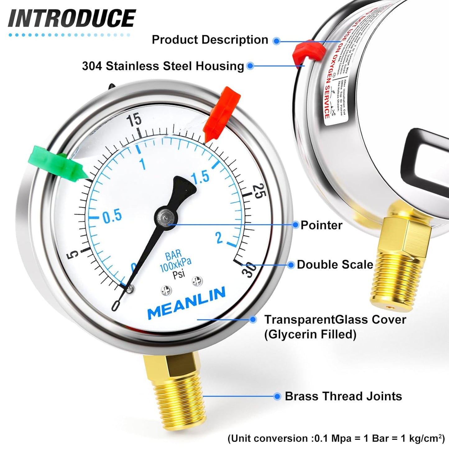 MEANLIN MEASURE 0~30Psi Liquid Filled Pressure Gauge 1/4" NPT 2.5" FACE DIAL Stainless Steel Glycerin Filled WOG Water Oil Air Lower Mount (with 2PCS Snaps)
