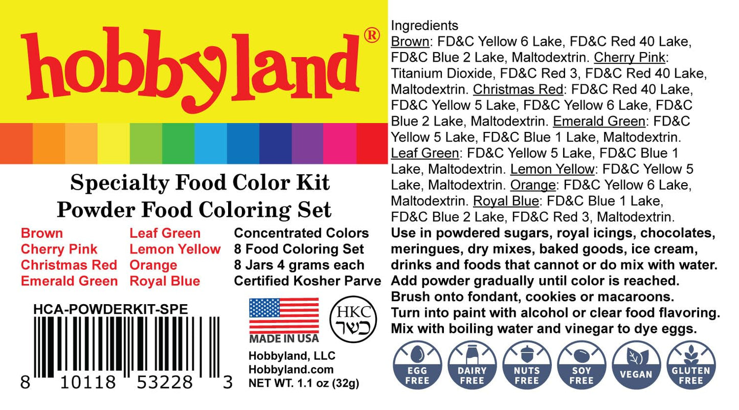 Hobbyland Powder Food Color Kit, Specialty Powder Food Coloring Set, 8 Colors, 4 Gram Jars
